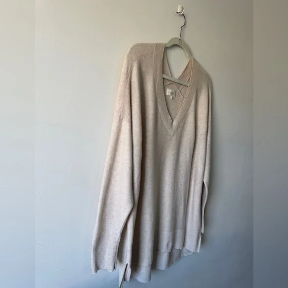 Lou & Grey V-Neck Tunic Sweater L Oatmeal Beige Oversized 100% Cotton EUC - Picture 9 of 15